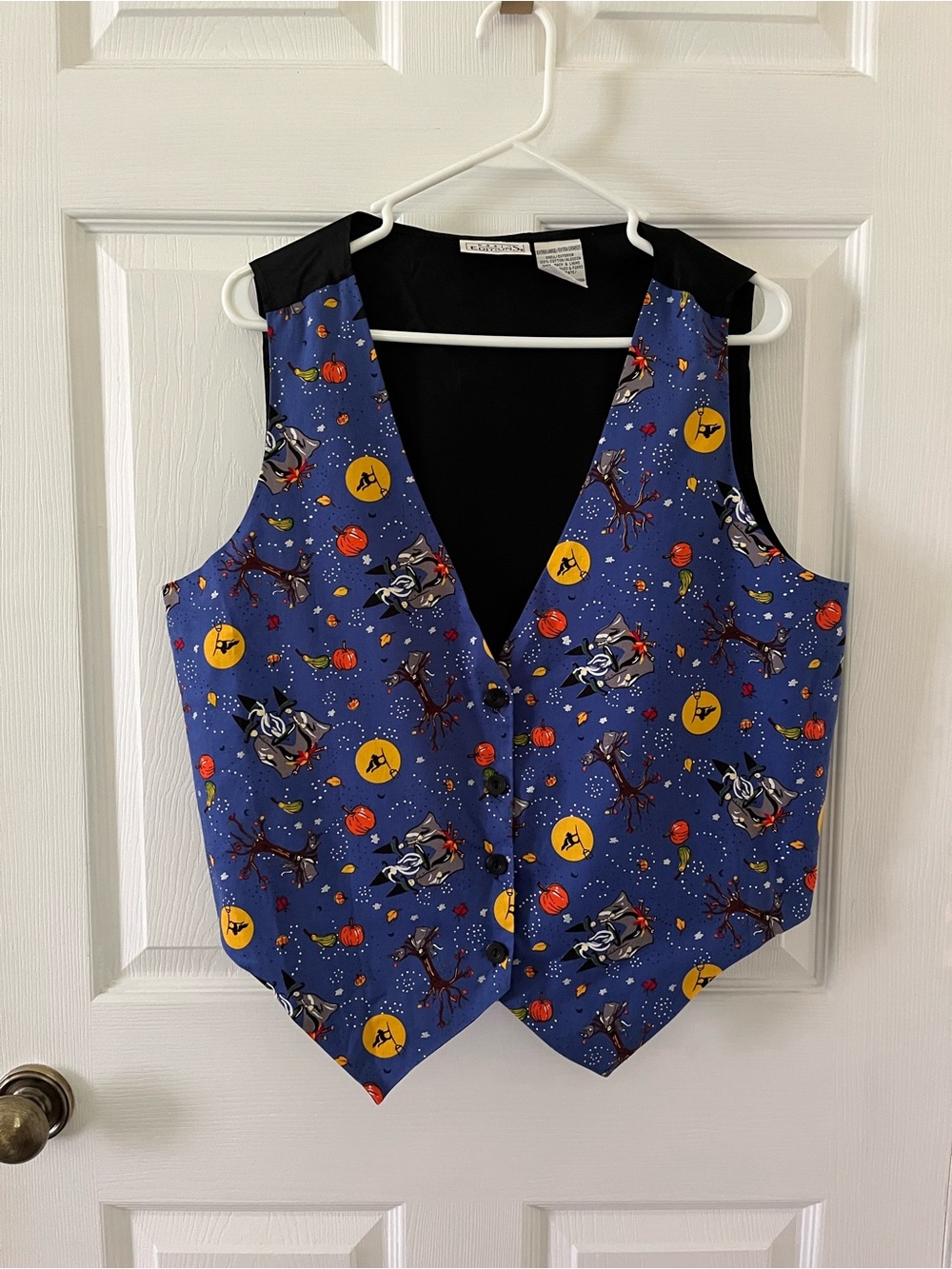 Basic Editions Black Lined Vest with Blue Print Halloween Accents